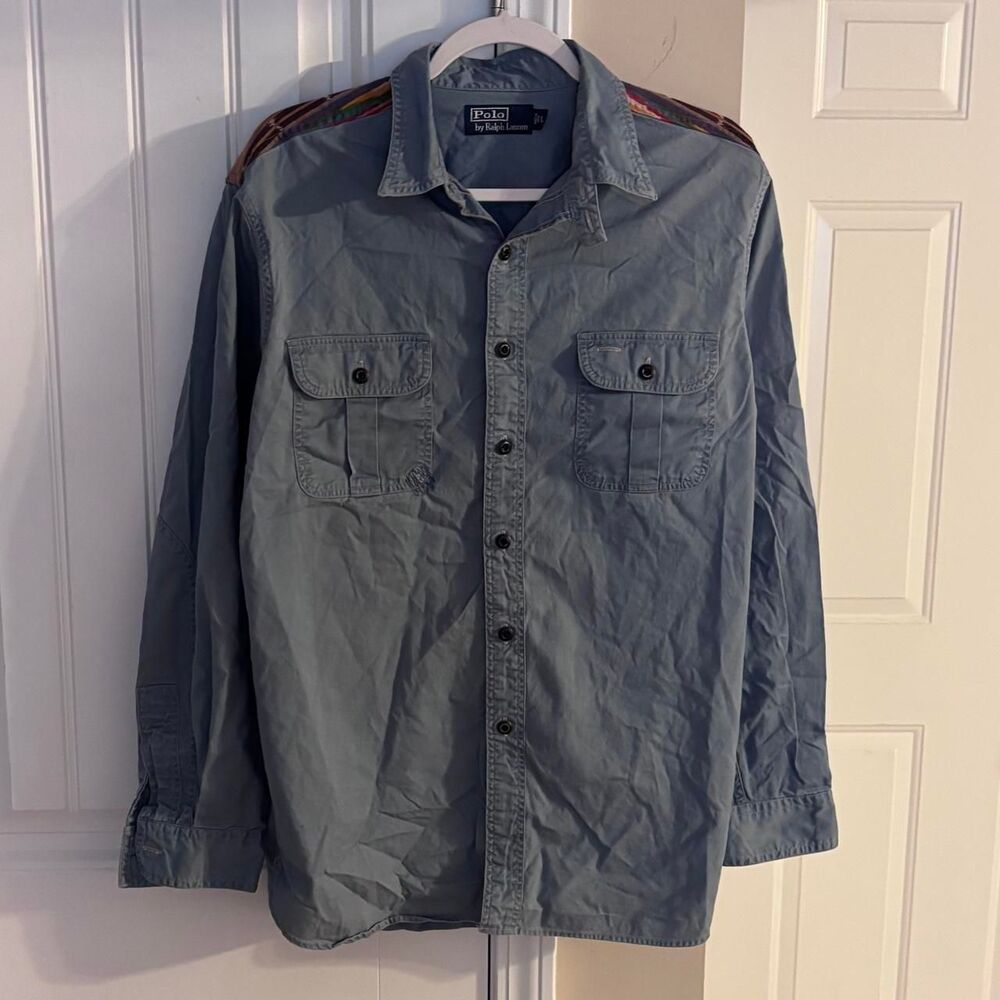 Vintage 1990s Polo Ralph Lauren Aztec Shoulder Denim Button Up size L, no flaws!